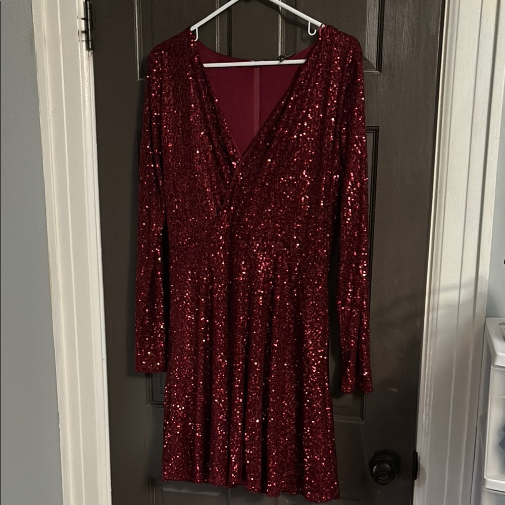 Fashion Nova Red Sequin Long Sleeve Dress